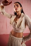 Shop_Roqa_Ivory Net Sequin Embroidery Crop Jacket Wide Collar Aiden Bloom Lehenga Set_Online_at_Aza_Fashions
