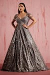 Buy_Roqa_Silver Net Beads, Sequins Round Neck Amber Metallic Embellished Gown _at_Aza_Fashions
