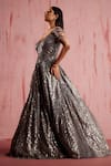 Roqa_Silver Net Beads, Sequins Round Neck Amber Metallic Embellished Gown _Online_at_Aza_Fashions