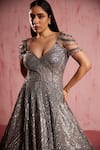 Buy_Roqa_Silver Net Beads, Sequins Round Neck Amber Metallic Embellished Gown _Online_at_Aza_Fashions