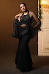 Sanjana Reddy Designs_Black Georgette Feathers, Embroidery Fish Cut Pre-draped Saree With Blouse_Online_at_Aza_Fashions