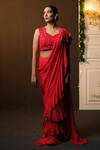 Buy_Sanjana Reddy Designs_Red Georgette, Silk Cut Work, Border Embroidered Pre-draped Saree With Blouse_at_Aza_Fashions