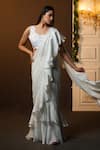 Buy_Sanjana reddy Designs_White Falling Raw Silk Embroidery Ruffle Pre-draped Saree With Blouse  _at_Aza_Fashions