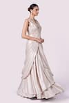 Buy_Onaya_Beige Lurex Lycra Embellished Cutdana V Neck Layered Saree Gown _Online_at_Aza_Fashions