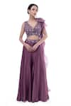 Buy_Onaya_Purple Satin Embellished Pearl V Neck Crop Top And Wide Leg Pant Set _at_Aza_Fashions