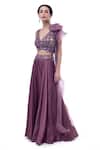 Buy_Onaya_Purple Satin Embellished Pearl V Neck Crop Top And Wide Leg Pant Set _Online_at_Aza_Fashions