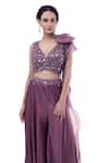 Shop_Onaya_Purple Satin Embellished Pearl V Neck Crop Top And Wide Leg Pant Set _Online_at_Aza_Fashions