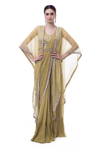 Buy_Onaya_Yellow Georgette Sequins, Cut Work Open Neck Embellished Pre-stitched Saree Set _at_Aza_Fashions