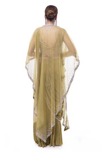 Shop_Onaya_Yellow Georgette Sequins, Cut Work Open Neck Embellished Pre-stitched Saree Set _at_Aza_Fashions