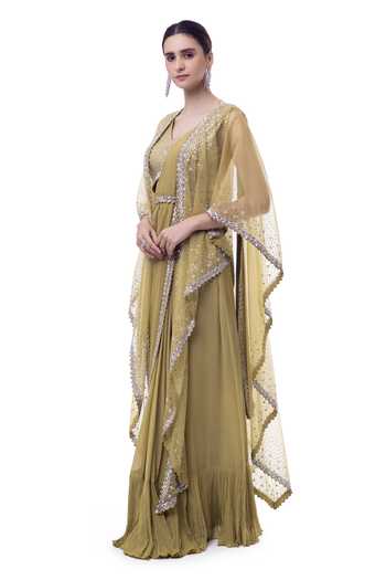 Onaya_Yellow Georgette Sequins, Cut Work Open Neck Embellished Pre-stitched Saree Set _Online_at_Aza_Fashions