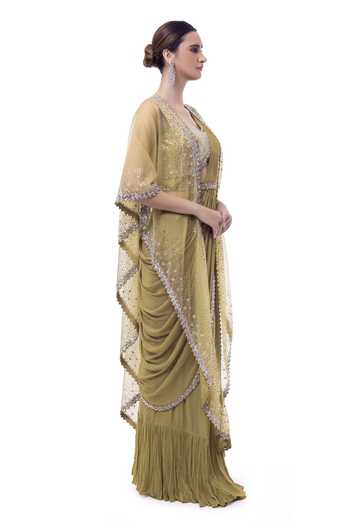 Buy_Onaya_Yellow Georgette Sequins, Cut Work Open Neck Embellished Pre-stitched Saree Set _Online_at_Aza_Fashions