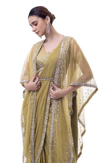 Shop_Onaya_Yellow Georgette Sequins, Cut Work Open Neck Embellished Pre-stitched Saree Set _Online_at_Aza_Fashions
