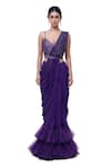 Buy_Onaya_Purple Georgette Embellished Cutdana V Pre-stitched Ruffle Saree With Blouse _at_Aza_Fashions