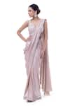 Buy_Onaya_Beige Lurex Embellished Swarovski Border Sequins Pre-stitched Saree With Blouse _at_Aza_Fashions