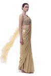 Buy Onaya Beige Lurex Embellished Cheed V Waist Pre-stitched Ruffle Saree With Blouse Online at Aza Fashions Buy_Onaya_Beige Lurex Embellished Cheed V Waist Pre-stitched Ruffle Saree With Blouse_Online_at_Aza_Fashions