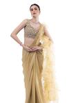 Shop Onaya Beige Lurex Embellished Cheed V Waist Pre-stitched Ruffle Saree With Blouse Online at Aza Fashions Shop_Onaya_Beige Lurex Embellished Cheed V Waist Pre-stitched Ruffle Saree With Blouse_Online_at_Aza_Fashions