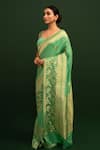 Sacred Weaves_Green Satin Silk Handwoven Floral Meenakari Kadua Pattern Saree  _Online_at_Aza_Fashions