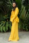 Buy_Aakansha Gupta_Yellow Organza Ruffled V Neck Noa Frilly Pleated Top Flowy Pant Set _Online_at_Aza_Fashions