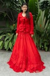 Buy_Aakansha Gupta_Red Organza Ruffled V Neck Rafflesia Bloom Lehenga Pleated Top Set _at_Aza_Fashions