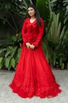 Shop_Aakansha Gupta_Red Organza Ruffled V Neck Rafflesia Bloom Lehenga Pleated Top Set _at_Aza_Fashions