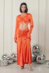 Buy_TheRealB_Orange Satin Plain V Neck Flaming Fling Crop Top And Gathered Skirt Set _at_Aza_Fashions