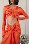 Shop_TheRealB_Orange Satin Plain V Neck Flaming Fling Crop Top And Gathered Skirt Set _Online_at_Aza_Fashions