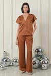 Buy_Therealb_Brown Satin V-neck Free-spirited Shirt And Pant Set _at_Aza_Fashions