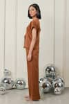 Therealb_Brown Satin V-neck Free-spirited Shirt And Pant Set _Online_at_Aza_Fashions