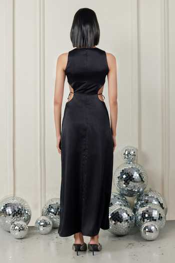 Shop_Therealb_Black Satin Cut Work Round Neck Mystic Muse Dress _at_Aza_Fashions