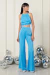 Buy_Therealb_Blue Satin Halter Neck Rebel Rhapsody Crop Top And Flared Pant Set _at_Aza_Fashions