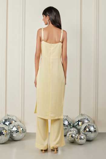 Shop_Therealb_Yellow Satin Embellished Stone Square Neck Touch Of Boldness Tunic And Pant Set _at_Aza_Fashions