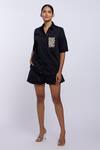 Buy_PALLAVI SWADI_Black Cotton Satin Hand Embroidered Pearls Collar Pocket Shirt And Shorts Set _at_Aza_Fashions