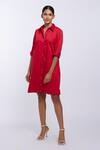 Buy_PALLAVI SWADI_Red Cotton Satin Solid Collar Front Buttoned Shirt Dress  _at_Aza_Fashions