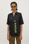 Buy_PALLAVI SWADI_Black Cotton Satin Hand Embroidered Beads Collar Neon Placement Shirt  _at_Aza_Fashions