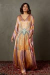 Buy_RI.Ritu Kumar_Purple Silk Satin Printed Abstract V Neck Kaftan Kurti _at_Aza_Fashions