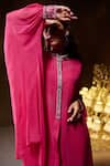 Divya Aggarwal Fuchsia Muslin Silk Embellished Mirror Cape Band Laurel Placket Pant Set Online at Aza Fashions Divya Aggarwal_Fuchsia Muslin Silk Embellished Mirror Cape Band Laurel Placket Pant Set _Online_at_Aza_Fashions