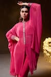 Buy Divya Aggarwal Fuchsia Muslin Silk Embellished Mirror Cape Band Laurel Placket Pant Set Online at Aza Fashions Buy_Divya Aggarwal_Fuchsia Muslin Silk Embellished Mirror Cape Band Laurel Placket Pant Set _Online_at_Aza_Fashions
