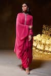 Shop Divya Aggarwal Fuchsia Muslin Silk Embellished Mirror Cape Band Laurel Placket Pant Set Online at Aza Fashions Shop_Divya Aggarwal_Fuchsia Muslin Silk Embellished Mirror Cape Band Laurel Placket Pant Set _Online_at_Aza_Fashions