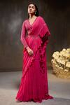 Buy_Divya Aggarwal_Fuchsia Georgette Embellished Sequins V Elsa Border Pre-draped Ruffle Saree Set _at_Aza_Fashions