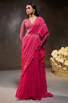 Buy_Divya Aggarwal_Fuchsia Georgette Embellished Sequins V Elsa Border Pre-draped Ruffle Saree Set _Online_at_Aza_Fashions