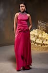 Buy_Divya Aggarwal_Fuchsia Stretch Satin Embellished Crystals Halter Amara Yoke Kurta And Skirt Set _at_Aza_Fashions