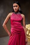 Buy_Divya Aggarwal_Fuchsia Stretch Satin Embellished Crystals Halter Amara Yoke Kurta And Skirt Set _Online_at_Aza_Fashions