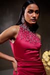Divya Aggarwal_Fuchsia Stretch Satin Embellished Crystals Halter Amara Yoke Kurta And Skirt Set _at_Aza_Fashions
