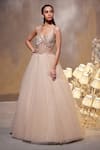 Shop_Divya Aggarwal_Beige Tulle Mesh Embellished Crystals Sweetheart Bella Bodice Corset Gown _Online_at_Aza_Fashions