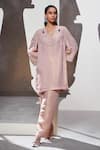 Buy_Divya Aggarwal_Pink Tissue Organza Hand Embellished V Neck Hera Kurta And Pant Set _at_Aza_Fashions
