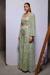 Shop_Divya Aggarwal_Green Organza Embellished Pearl Blouse Sweetheart Long Jacket And Pant Set _Online_at_Aza_Fashions