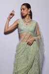 Shop_Divya Aggarwal_Green Organza Embellished Pearl V Neck Eliora Draped Sharara Saree With Blouse _at_Aza_Fashions