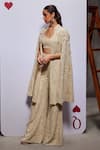 Shop_Divya Aggarwal_Ivory Organza Embellished Pearl Blouse Sweetheart Jane Cape With Pant Set _Online_at_Aza_Fashions