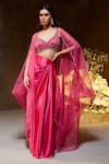 Buy_Divya Aggarwal_Fuchsia Heavy Satin Embellished Beads Leaf Neck Rose Border Cape Skirt Set _at_Aza_Fashions