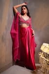 Buy_Divya Aggarwal_Fuchsia Heavy Satin Embellished Beads Leaf Neck Rose Border Cape Skirt Set _Online_at_Aza_Fashions